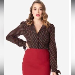 NWT Unique Vintage Black & Rust Polka Dot Izzy Blouse